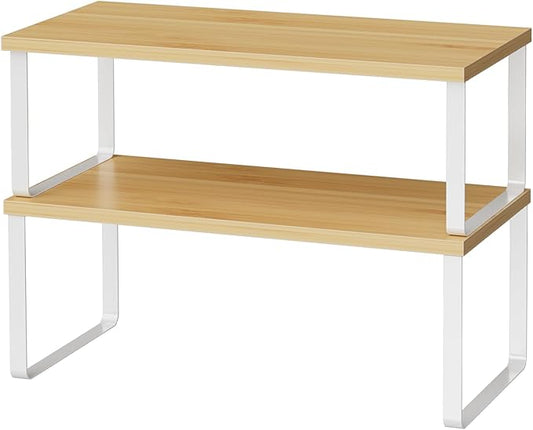 Cabinet Shelf Organizers, 15.7 inches Large Kitchen Counter Shelf, Set of 2 Wood Kitchen Pantry Organizer, Storage Shelves for Countertop, Spice Rack, Stackable, Expandable, Metal White, Nature-NeatNest