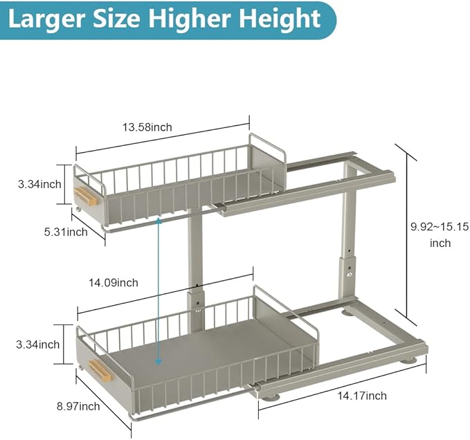Under Sink Organizer, Pull Out Kitchen Cabinet Organizer 2 Tier Slide Out Under Sink Organizers and Storage, Sink Shelf Cabinet Storage Shelves for Kitchen Bathroom Pantry, Grey-NeatNest