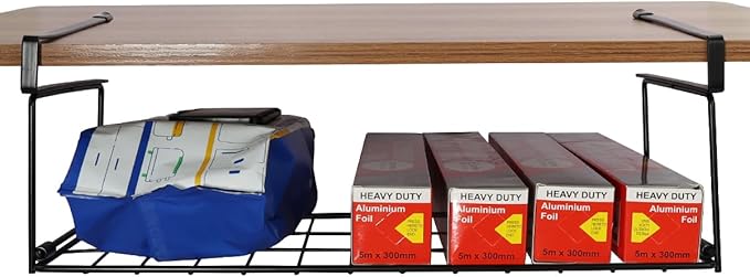 Foil and Plastic Wrap Organizer Kitchen Under Cabinet Desk Pantry Hanging Organizer Storage Foldable Rack (Black)-NeatNest
