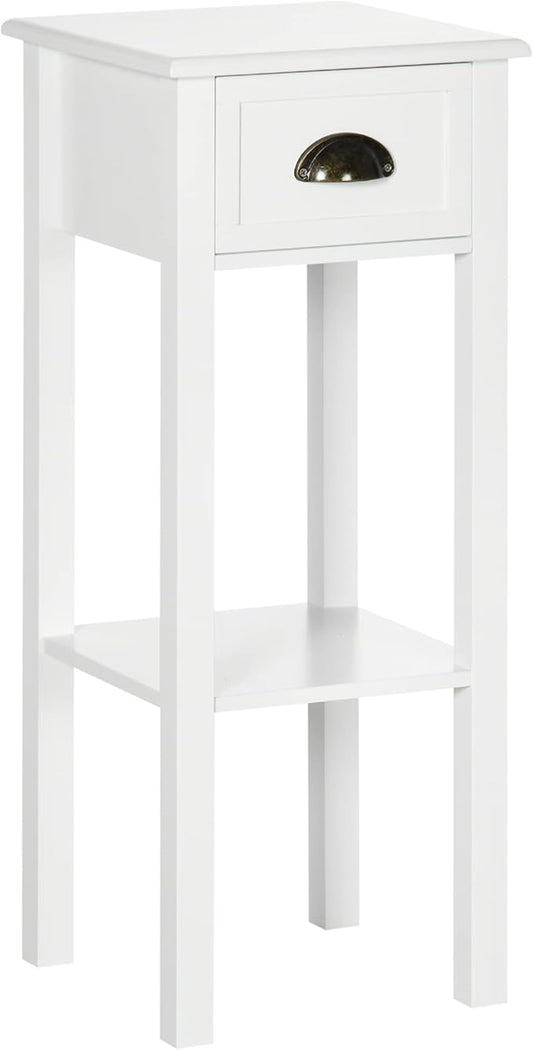 HOMCOM 2-Tier Side Table with Drawer, Narrow End Table with Bottom Shelf, for Living Room, Set of 1, White