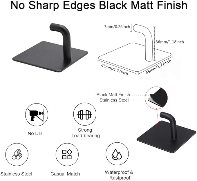 Adhesive Hooks for Hanging, Self-Adhesive Wall Hook for Key Hat Coat, No Drill Stick on Bathroom Towel Hooks, Shower Kitchen Door Home Outdoor 8 Pack, Black