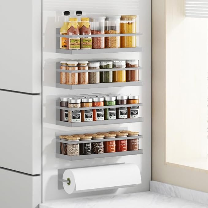 Magnetic Spice Rack For Refrigerator Fridge Shelf Kitchen Spice Organizer Grey 4 Pack With Magnetic Paper Towel Holder