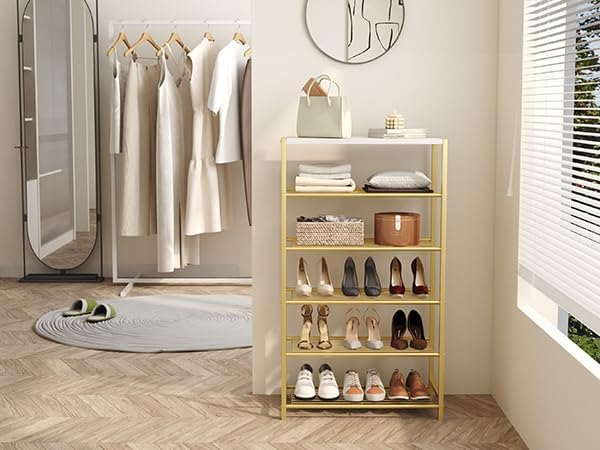 HOMEFORT Shoe Rack 6-Tier, Shoe Storage Shelf, Industrial Shoe Tower, Narrow Shoe Organizer for Closet Entryway, Small Shoe Rack Table with Durable Metal Shelves,Gold-NeatNest
