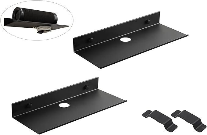 Z metnal Metal Floating Shelves with Cable Clip, Shelves for Bluetooth Speaker Router Cameras, Wall Mounted, Display Shelf, Matt Black, Aluminum, 12 inch, 2 Pack-NeatNest