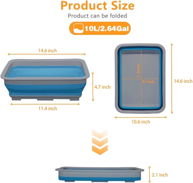 Collapsible Dish Pans – 10L (2.6 Gal) Foldable Sink Tub, 14.5'' x 10.5'' x 5", Compact and Space-Saving Multiuse Foldable Basin for Dish Washing, Camping, RV and Vegetable Cleaning-NeatNest