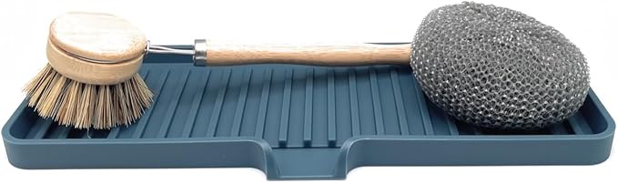 Happitasa Silicone Soap Dish Tray and Sponge Holder with Drain Chute | Bathroom and Kitchen Sink Organizer Caddy (Smoky Blue, 12"x4", 7.4 Ounces)-NeatNest
