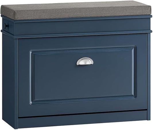 Haotian Shoe Storage Bench with Cushion, Navy Narrow Shoe Rack for Entryway, Small Shoe Cabinet with 2 Tiers Flip-Drawer, Closet Hallway Mudroom FSR82-L-B-NeatNest