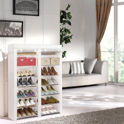 ERONE Shoe Rack Storage Organize, 28 Pairs Portable Double Row with Nonwoven Fabric Cover Shoe Shelf Cabinet for Closet (White)-NeatNest