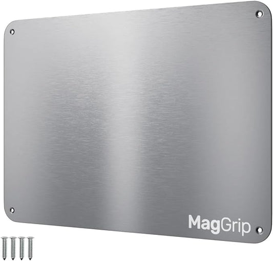 9 inches x 6.5 inches Stainless Steel Plate for Magnets, 3M Adhesive Back, Mounting Screws, Ideal for Magnetic Shelf, Spice Holders, Fridge Magnets. Mount Anywhere! (Silver, 1 PACK)