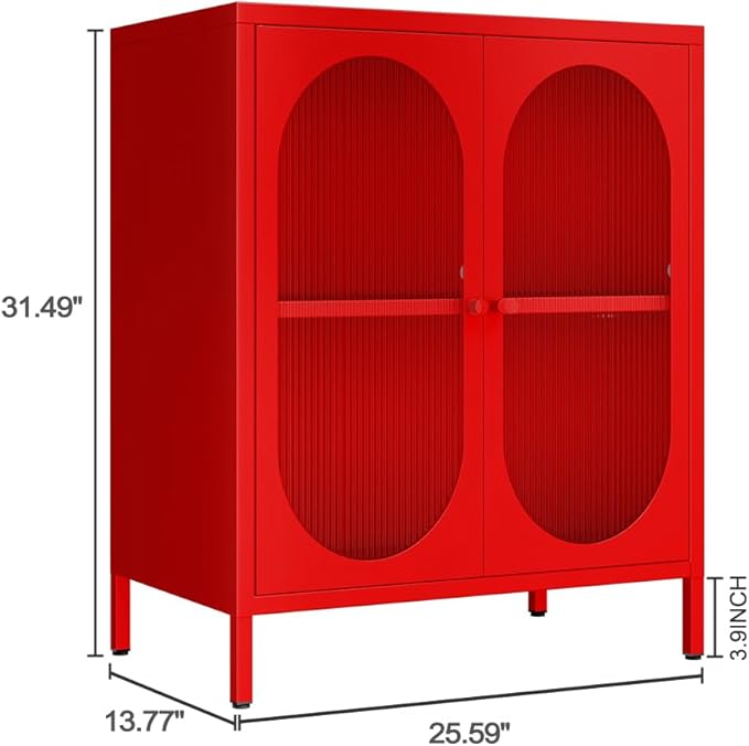 2 Doors Locker Metal Storage Cabinet, Buffet Cabinet with Glass Doors, Freestanding Metal Sideboard for Small Spaces, Living Room, Dining Room, Entryway (Buffet Cabinet, Red)