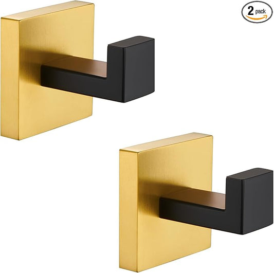 Angle Simple Towel Hook Black & Gold 2 Pack, 304 Stainless Steel Coat Hook, Robe Hook Bathroom