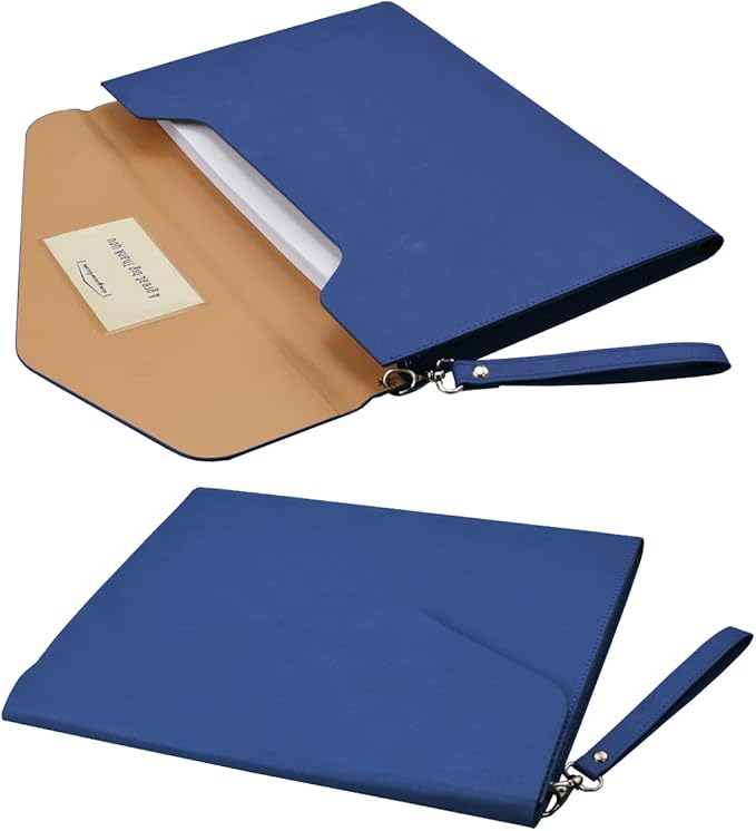Enyuwlcm PU A4 Leather File Folder Document Holder Folder Stylish Portfolio Envelope Case with Strap and Invisible Magnetic Closure (Blue)
