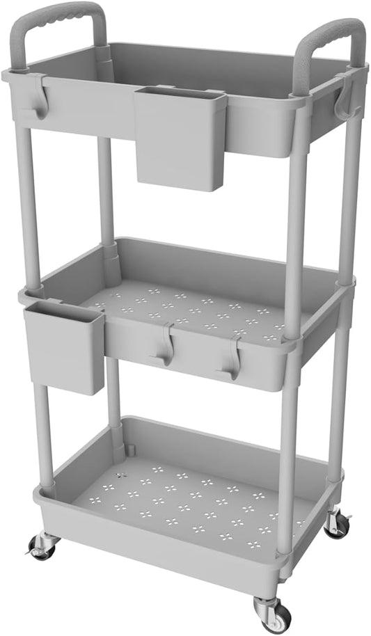 3 Tier Rolling Utility Cart with Handle,REBECAT Utility Cart Made of Multifunctional Storage Organizer Tool for Kitchen,Bathroom,Living Room,Office(Gray)-NeatNest