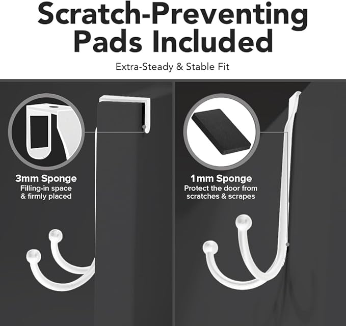 2-Pack Over The Door Hooks - with 2 Hang Heads & Snug Fit Pads Heavy Duty Hook for Hanging Coats, Towels, Caps & Robes - Elegant Matt Finish - No Drill Hanger Organizer - White