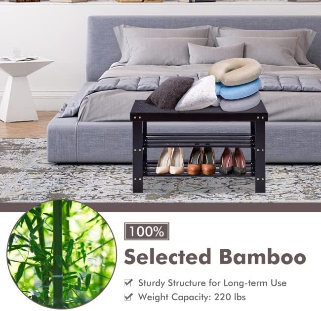 Safeplus 27.5" Bamboo Shoe Rack Bench, 3-Tier Entryway Shoe Organizer, Storage Shelf for Shoes, Slippers, Holds up to 220lbs for Hallway Bathroom Living Room Balcony