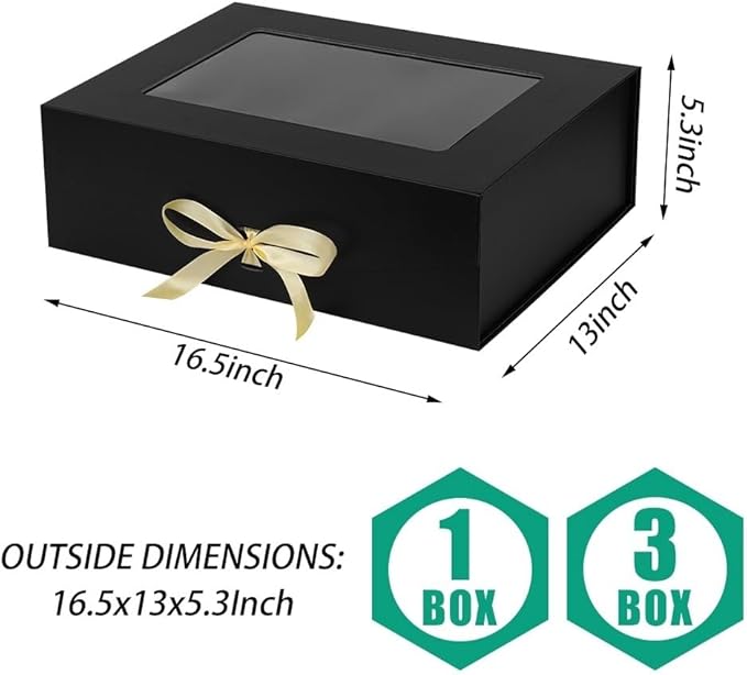 3 Pcs Black Extra Large Gift Box for Presents with Ribbon 16.5x13x5.3 Inches Clear Gift Box with Window Magnetic Closure Gift Boxes with Lids-NeatNest