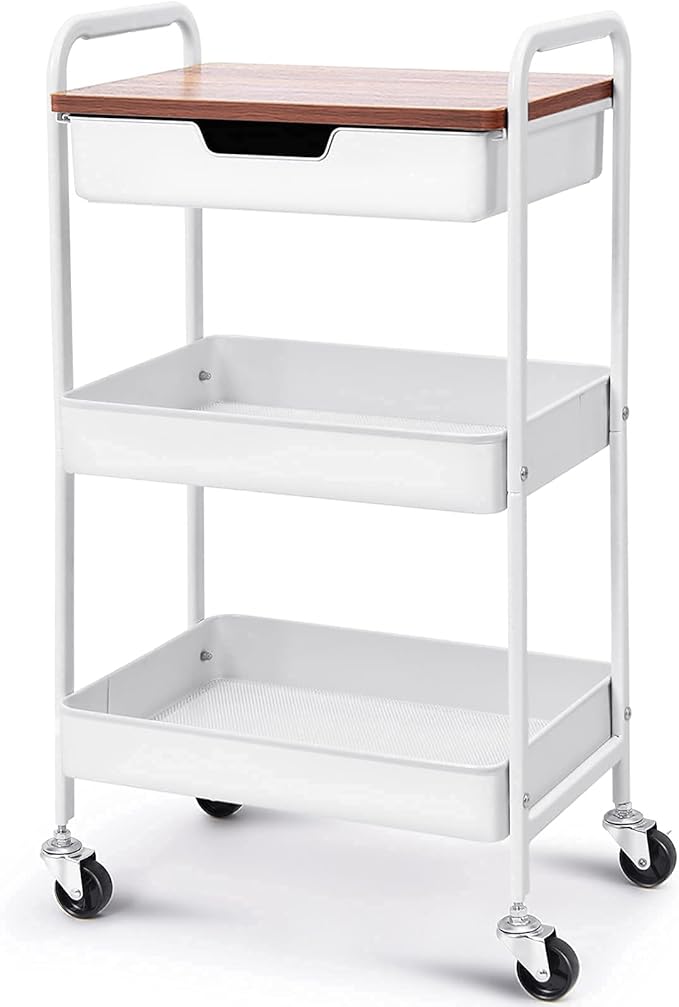 TOOLF 3-Tier Metal Utility Rolling Cart with Drawer & Wooden Table Top, Storage Cart White Trolley Kitchen Organizer Rolling Desk with Locking Wheels for Office, Classroom, Dorm, Bedroom-NeatNest