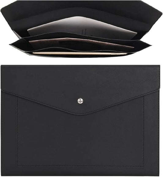 Wason A4 Document File PU Leather with Expanding Large Size Pockets Envelope Case Holder Paper Bills Stationery Tablet and PC, Perfect for Work Study Traveling (Black)