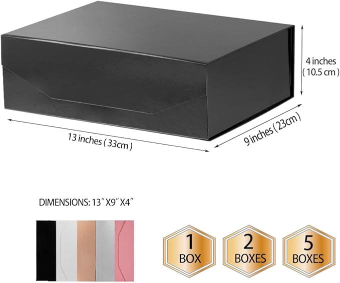 2 Black Large Gift Box with Lid 13x9x4 Inches, Bridesmaid Proposal Box, Hard Collapsible Gift Box with Magnetic Closure, Groomsman Box Reusable Gift Box for Clothes (Glossy Black)-NeatNest