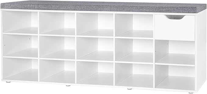 DINZI LVJ Shoe Bench, Entryway Storage Bench with Drawer and 14 Cubbies, Long Cubby Shoe Rack with Adjustable Shelves, Organizer for Living Room, Bedroom, Mudroom, Garage, White-NeatNest