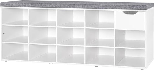 DINZI LVJ Shoe Bench, Entryway Storage Bench with Drawer and 14 Cubbies, Long Cubby Shoe Rack with Adjustable Shelves, Organizer for Living Room, Bedroom, Mudroom, Garage, White-NeatNest