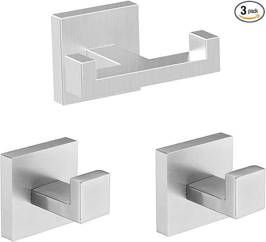 BOZWELL 1 Double Towel Hook and 2 Towel Hooks for Bathroom Bushed Nickel Wall Mount，Stainless Steel Heavy Duty Door Hanger for Bathroom Bedroom Kitchen Hotel Pool 1502-NL-3-NeatNest