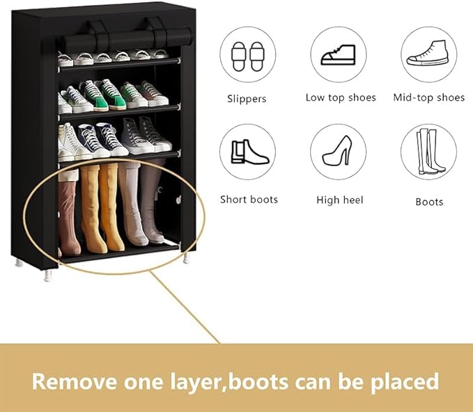 Calmootey 5 Tier Shoe Rack Organizer,Portable Shoe Shelf with Nonwoven Fabric Cover for Closet Hallway,Bedroom,Entryway,Black-NeatNest