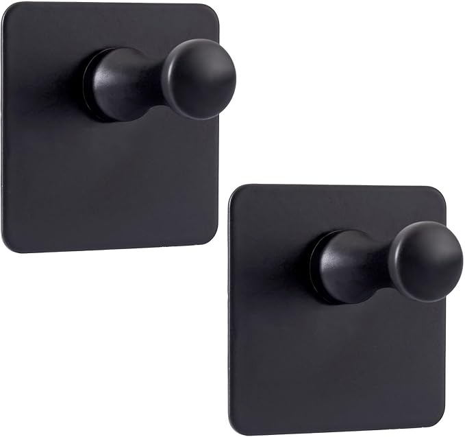 2 Packs Matte Black Adhesive Wall Hooks, Heavy Duty Bathroom Towel Hooks 304 Stainless Steel Waterproof Sticky Towel Holder Shower Hook for Bathroom Kitchen Hanging Hat Robe Coat Bags