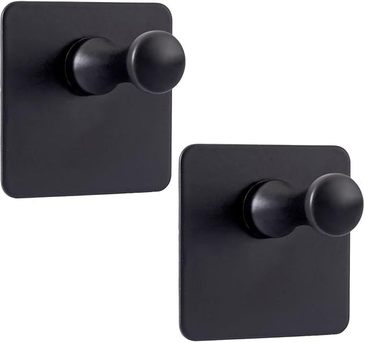 2 Packs Matte Black Adhesive Wall Hooks, Heavy Duty Bathroom Towel Hooks 304 Stainless Steel Waterproof Sticky Towel Holder Shower Hook for Bathroom Kitchen Hanging Hat Robe Coat Bags