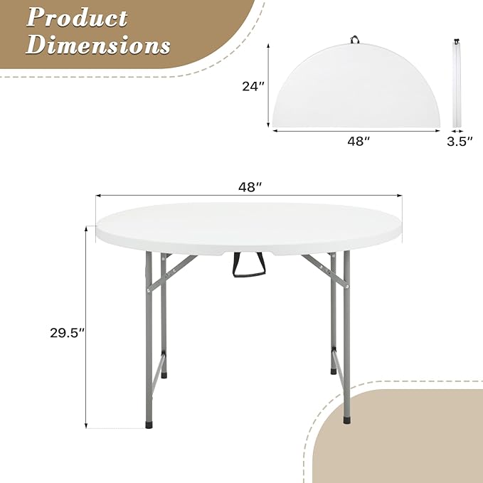 Athena Collection 4ft Plastic Folding Dining Table, Large Foldable Round Card Table Portable with Carry Handle Heavy Duty Fold-in-Half for Indoor Outdoor Party Camping, White-NeatNest