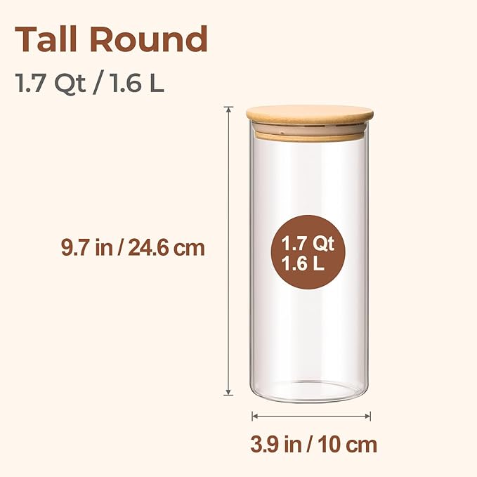ComSaf 1.7 Qt Glass Storage Containers with Lids, Glass Jars with Lids, Clear Food Storage Jar, Round Canister Set of 3, Pantry Organizers for Pasta Flour Cookie Rice Tea Coffee Bean-NeatNest