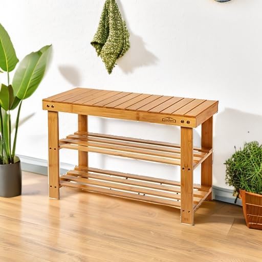 Homemaid Living Bamboo 3 Tier Shoe Rack Small Bench, Outdoor Shoe Rack Weatherproof - Shoe Rack with Bench, Bathroom Bench, Shoe Organizer for Entryway, Hallway, Living Room (Natural Bamboo)-NeatNest