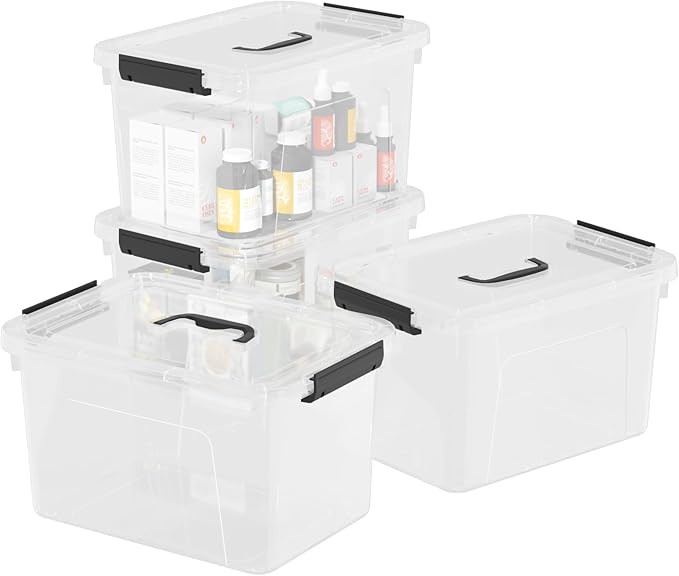 4 Pack 10.5 Quart Plactic Storage Latch Bin, Lidded Box with Black Handle, Clear