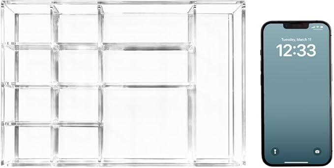 Isaac Jacobs 12-Compartment Clear Acrylic Drawer Organizer (9.4" L x 6.4" W x 1.3" H), Multi-Sectional Tray & Storage Solution for Makeup, School & Office Supplies, Bathroom, Kitchen-NeatNest