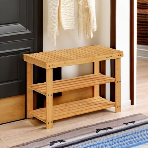 SONGMICS Shoe Rack Bench, 3-Tier Bamboo Shoe Storage Organizer, Entryway Bench, Holds Up to 286 lb, 11.3 x 27.6 x 17.8 Inches, for Entryway Bathroom Bedroom, Natural ULBS04N-NeatNest