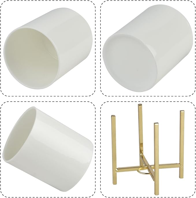 Ceramic Spoon Holder, Silverware Holder For Countertop, Sturdy Cutlery Holder, Gold Utensil Holder for Kitchen Countertop, White Ceramic Cup with Gold Metal Bracket, 1 Pcs-NeatNest