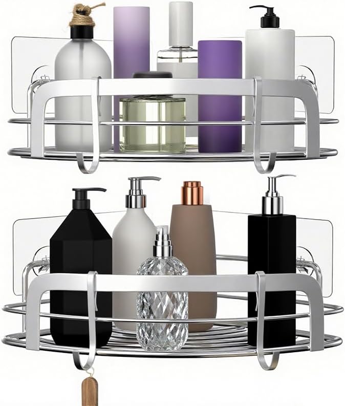 STEUGO 2 Pack Shower Caddy Corner, Bathroom Corner Shower Shelfs, Adhesive Wall Mounted Shower Caddy with 4 Movable Hooks, No Drilling Shower Shelf, Stainless Steel Silver.