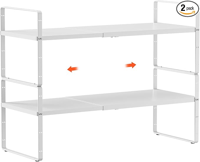 2Pack 16.5-27’’L Expandable Cabinet Shelf Organizers, Stackable Metal Shelves Extender for Kitchen Countertop Storage, Adjustable Spices Shelves Rack Stand for Cupboard Pantry, White-NeatNest