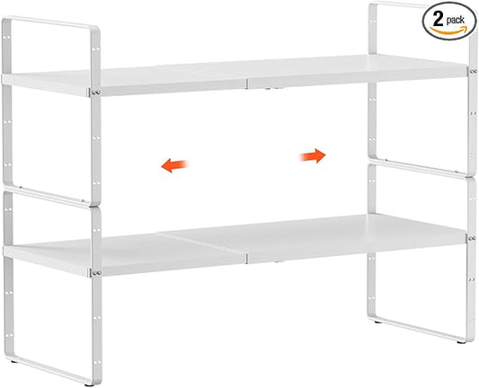 2Pack 16.5-27’’L Expandable Cabinet Shelf Organizers, Stackable Metal Shelves Extender for Kitchen Countertop Storage, Adjustable Spices Shelves Rack Stand for Cupboard Pantry, White-NeatNest