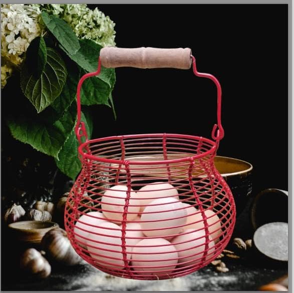 LINCOUNTRY. Farmhouse Wire Egg Basket for Gathering Fresh Eggs with Handle,Red Rustic Round Egg Collecting Baskets for Fresh Egg Container Refrigerator Countertop Holder Kitchen Storage Bin