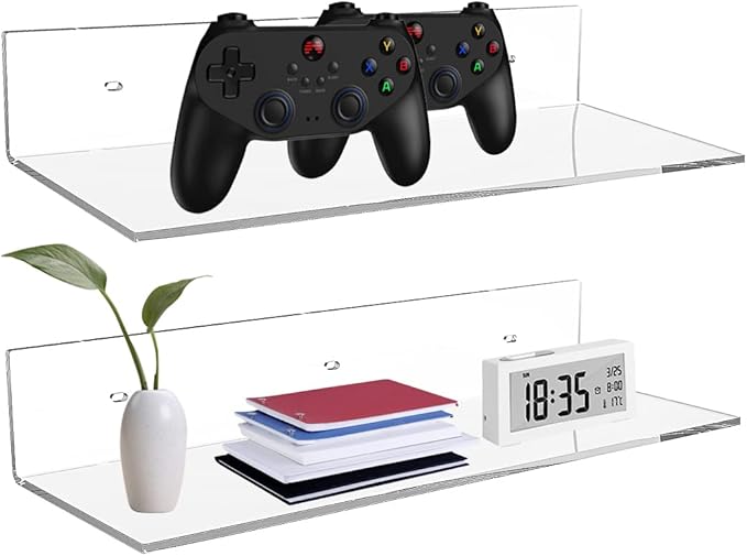 17 Inches Acrylic Shelves, Wall Mounted Shelves for Bedroom, Wall Display Shelves for Collectibles, Funko Pop, Speaker, Plants, 2 Pack-NeatNest