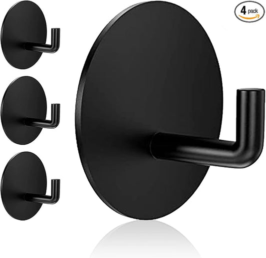 Adhesive Hooks Heavy Duty Waterproof in Shower Hooks for Hanging Loofah, Towels, Clothes, Robes for Bathroom Removable Adhesive Wall Hooks Door Hook Stainless Steel Black Stick on Hooks 4 Pcs