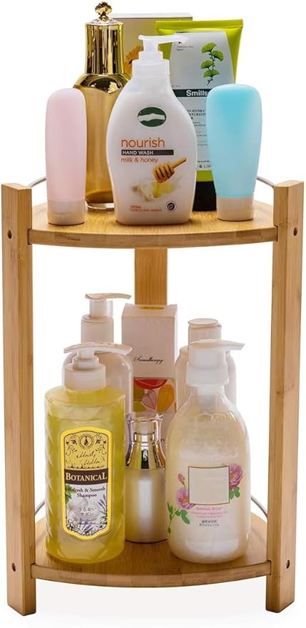 GOBAM Bamboo Shower Corner Caddy, Large - 2 Tier Standing Shower Stand for Shampoo, Conditioner, Lotion, Soap - Caddy Organizer for Kitchen, Bedroom, or Office