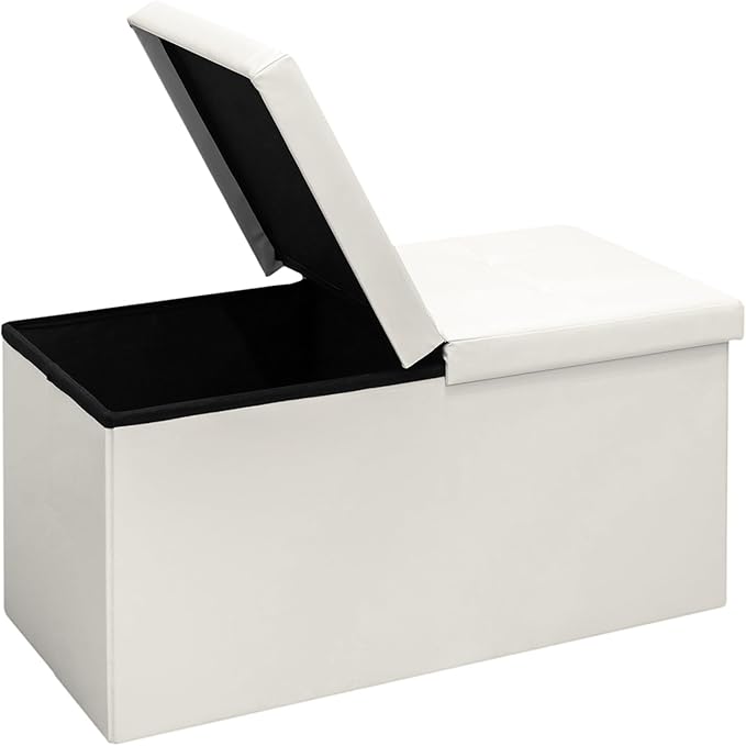 B FSOBEIIALEO Storage Ottoman with Filpping Lids, Ottoman Storage Bench Footrest Seat, Storage Chest Faux Leather 30"x15"x15" (White)
