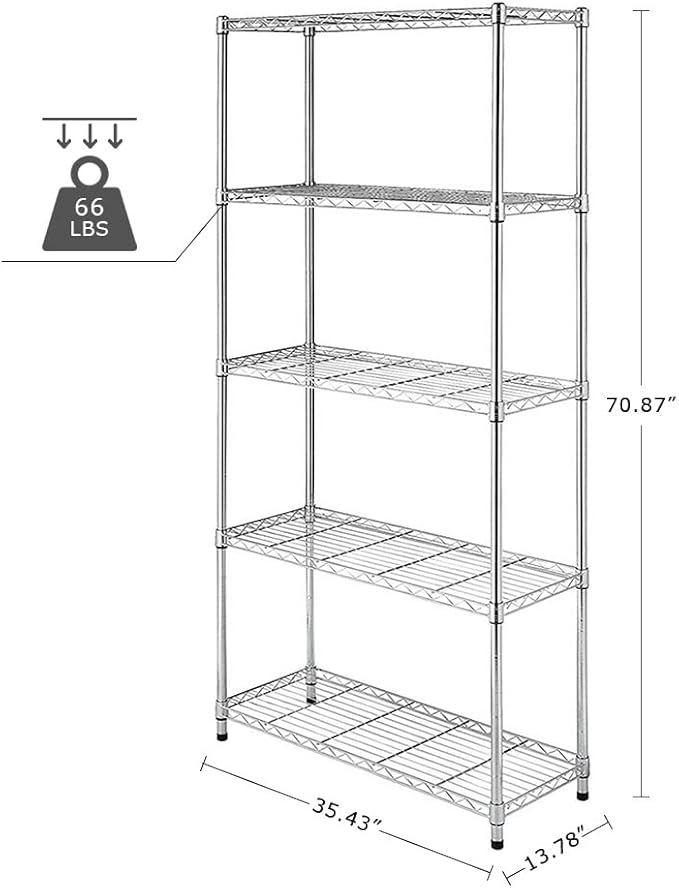 BNSPLY 5 Tier Wire Shelving Unit, Height Adjustable Wire Shelves with NSF Certified, Metal Storage Rack Shelf Unit for Laundry, Kitchen, Bathroom, Pantry, Closet (14" D x 35.5" W x 71" H, Chrome)-NeatNest