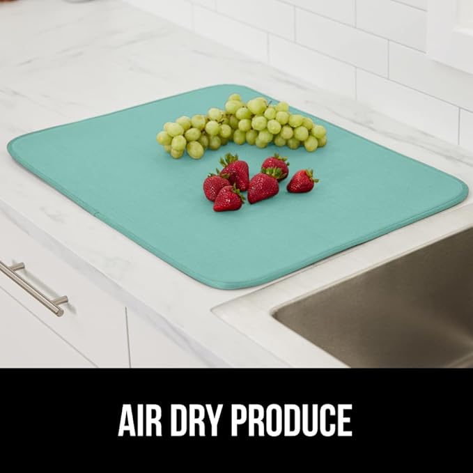 GORILLA GRIP Ultra Water Absorbent Microfiber Dish Drying Mat, Quick Dry Thick Mesh, Slip Resistant Pad for Sink Dishes or Under Rack, Kitchen Counter Accessories, 16x18, Machine Wash Mats, Mint