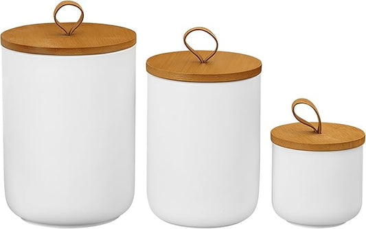 Ceramic Storage Jars, Modern Elegant Polished Airtight Gorgeous Storage Canisters with Wooden Lid Small Food Stroage Jar for Kitchen Spice Tea Vanilla Sugar Coffee Beans (3Pcs Suit White)-NeatNest