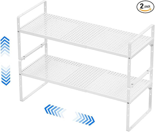 Expandable Cabinet Shelf Organizer, Stackable Pantry Cabinet Counter Under Sink Shelves Inside Cabinet Storage for Kitchen Bathroom Office, 2 Packs, White-NeatNest
