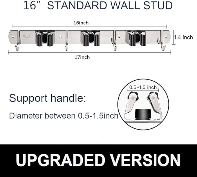 IMILLET Broom and Mop Holder Wall Mounted, Stainless Steel Broom Holder Mop Holder Self Adhesive Heavy Duty Hooks Storage Organizer for Home Laundry Room Garden Garage（3 Racks with 4 Hooks）-NeatNest