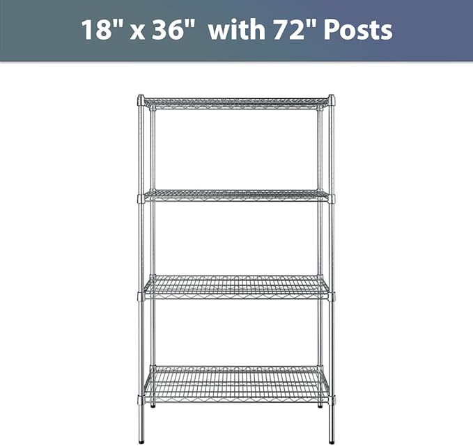 18" x 36" NSF Chrome 4-Shelf Kit with 72" Posts, Commercial Storage Rack Unit, Heavy Duty Storage Shelving, Wire Shelving Kit, Adjustable Rack Strong Steel, Multipurpose Wire Shelf
